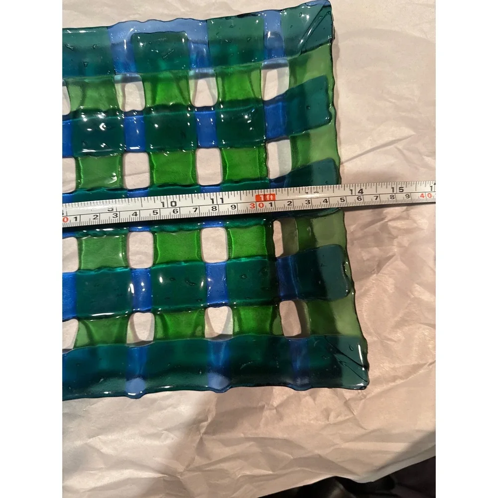 Handmade Fused‎ Glass Woven Lattice Platter Green Blue Plaid Decorative Tray 14